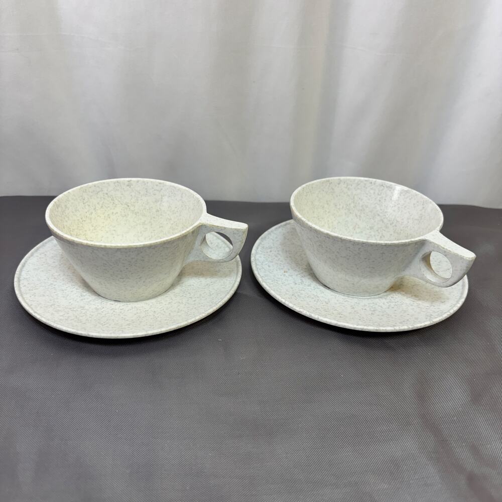Texas Ware Melamine Cup & Saucer Set of 2 Gray White Speckles 4 Pieces Total VTG